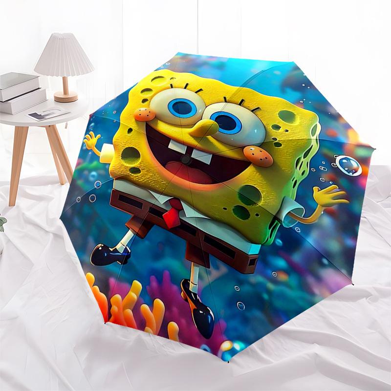 1pc SpongeBob SquarePants Automatic Folding Umbrella - Portable 3-Fold Design with 8-Bone Iron Frame, Outdoor, Ideal Gift for Fans, Travelers, Daily U