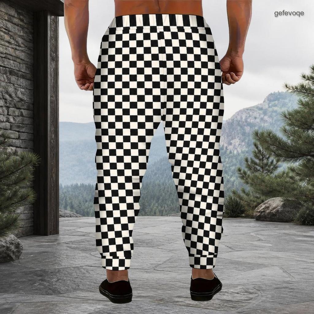 Men s Plus Size Black Grey Plaid Printed Drawstring Waist Cuffed Ankle Jogger Pants