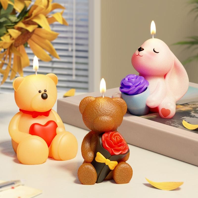 Rose Bunnies Bear Silicone Molds for Making Candle Soap Chocolate Candy Cake Fondant Decoration Gypsum Silicone Molds