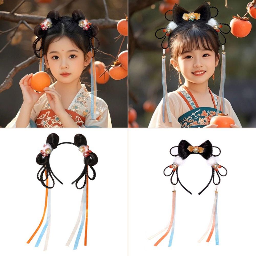 Tassel Children Wig Headband Braid Hair Red Bow Hairband All-match Hanfu Hair Sticks  Children