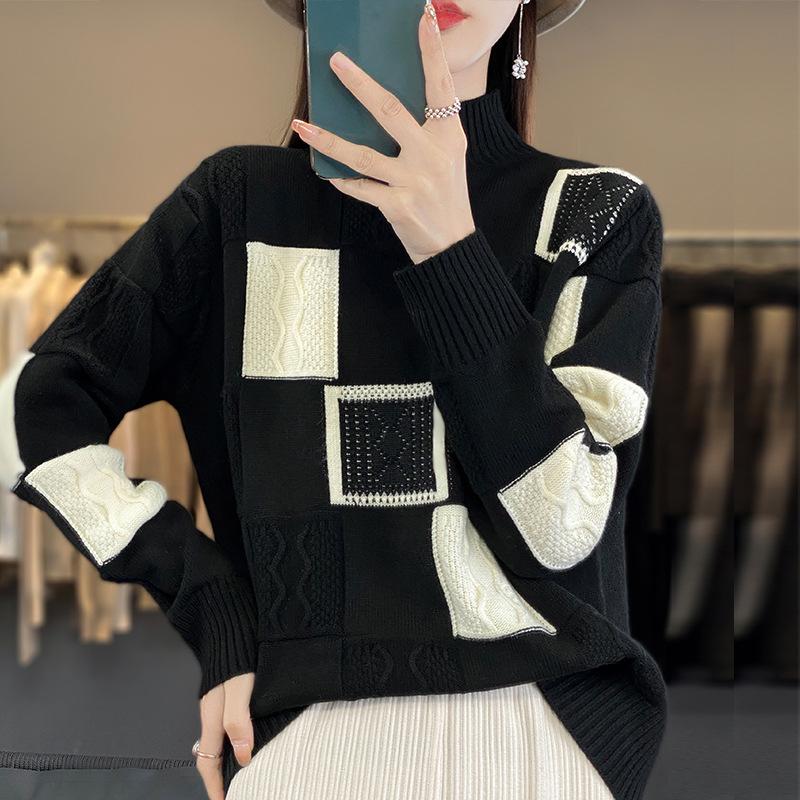 Half Turtleneck Sweater Women's Autumn and Winter Ladies with Color Matching Fashion Thick Loose Pullover Knitted Bottoming Shirt