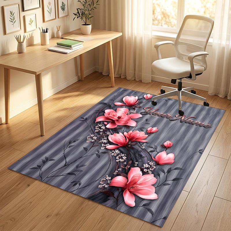Floral Garden Theme Crystal Velvet Rug Personalized Custom Name Text Soft Floor Mat Home Decor