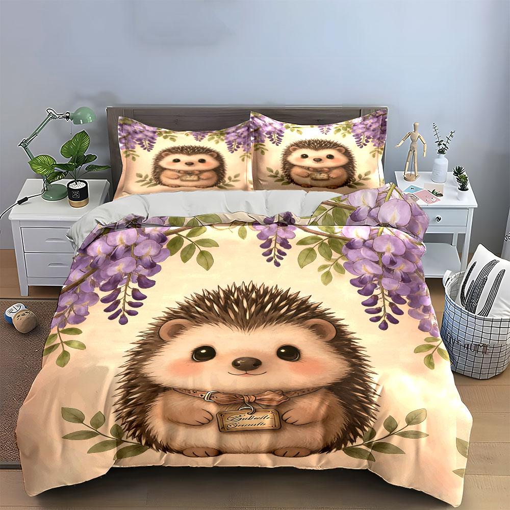 Cartoon Hedgehog Art Decor 3Pc,Soft Comfortable Duvet Cover Bedding Set Included 1*Duvet Cover & 2*Pillowcases, Gift