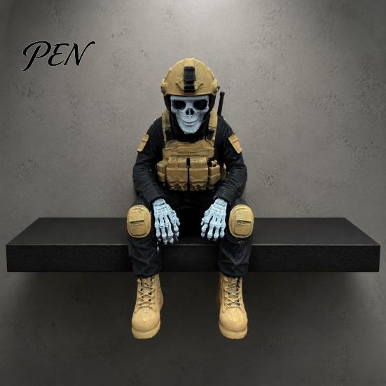 PLA Resin Soldier Model Skeleton Hero Shelf Sitter Ornament, 3D Printed Figurine, Tactical Gear Display Stand Gothic Warrior Sitting Statue