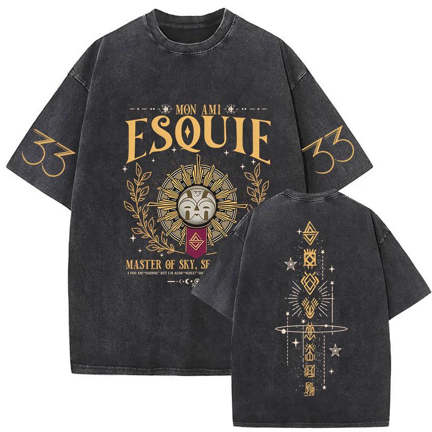 Esquie Clair Obscur Expedition 33 Vintage Washed Graphic T Shirts Men Gothic Classic Punk Short Sleeve Tshirt Unisex Streetwear