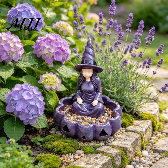 Wild Bird Food Station Meditating Witch Garden Feeder, Halloween Resin Sitting Statue Holiday Gifts for Gardeners Outdoor Wall Mounted Feeder