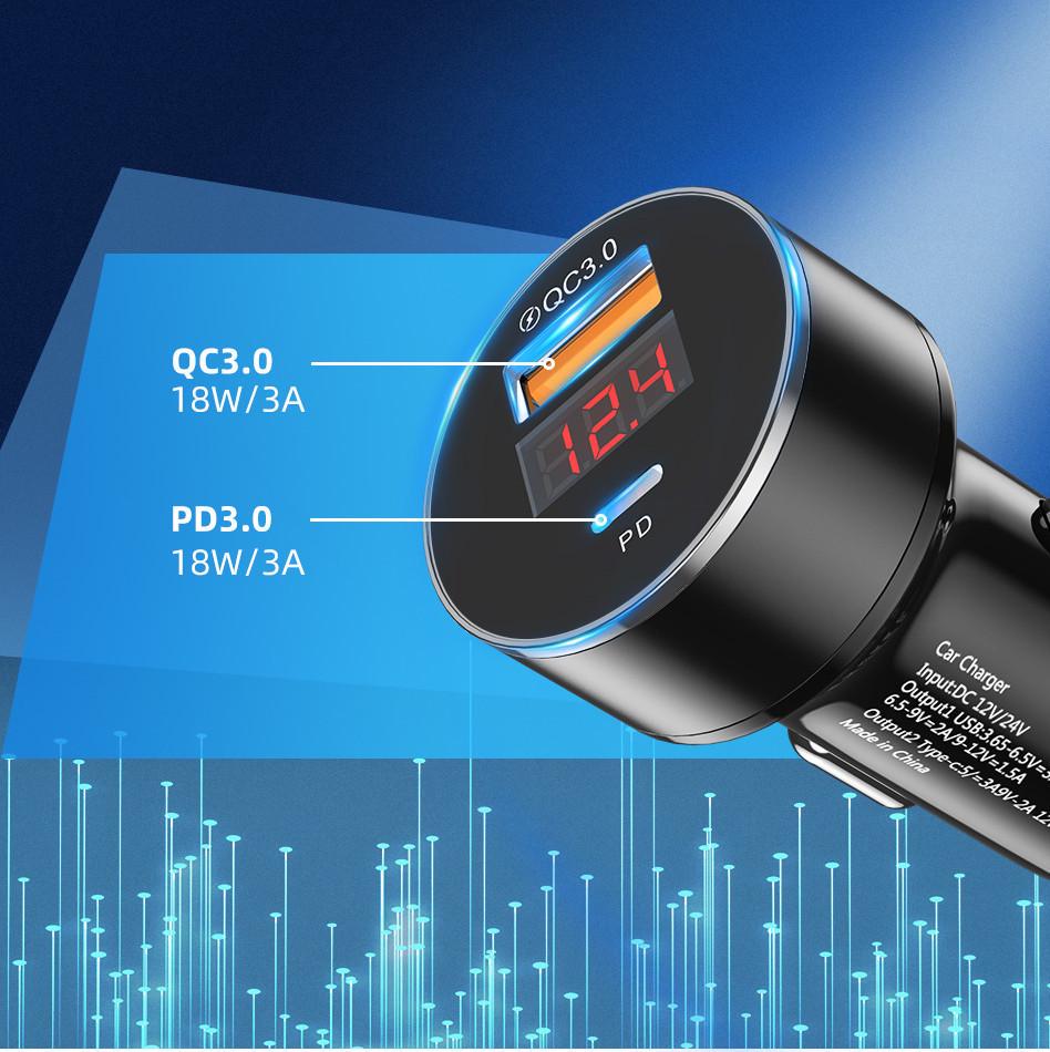 Multifunctional QC3.0 & PD Fast Charging USB Car Charger with Digital Display