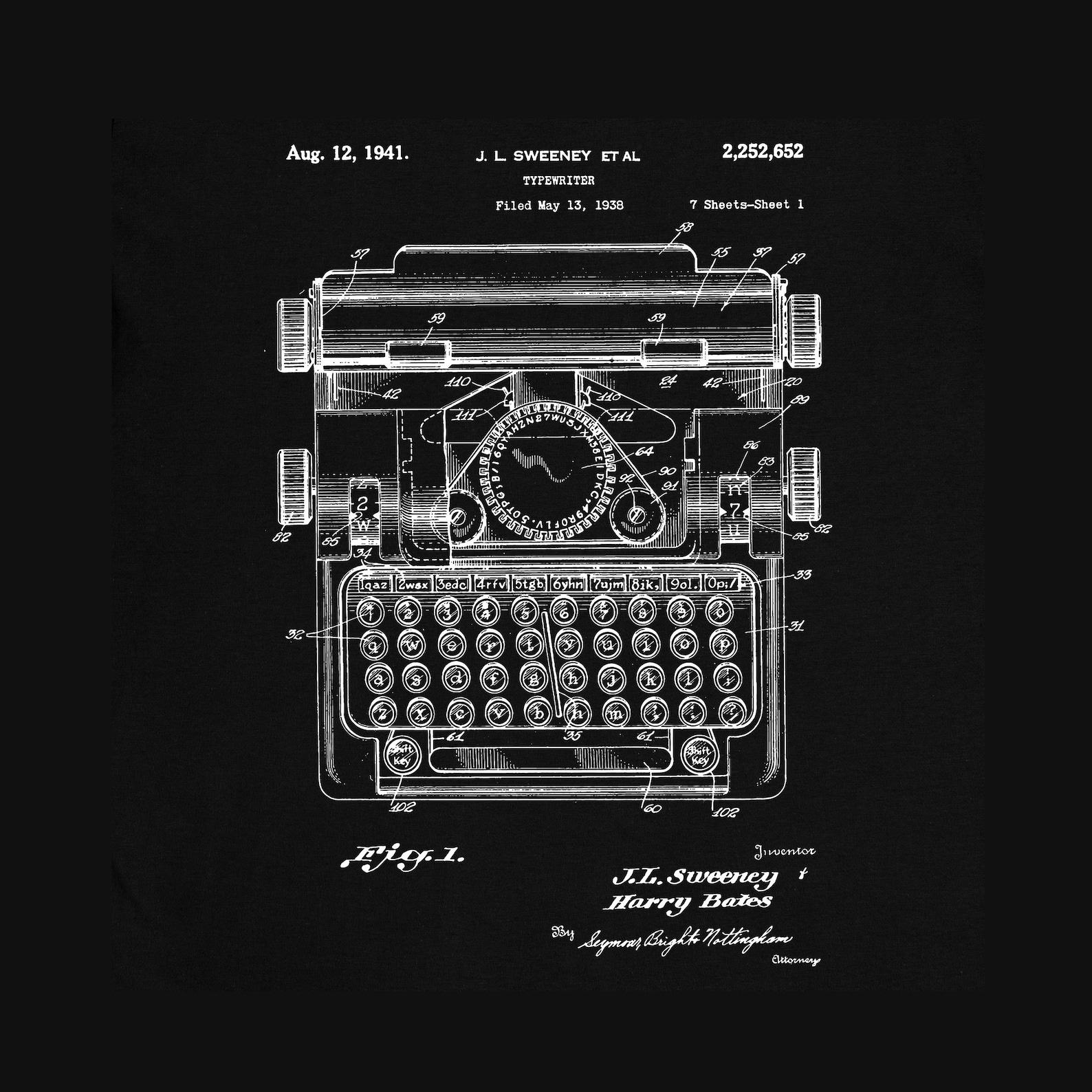 Vintage Typewriter Patent T-Shirt: 1941 Antique Design 3XL