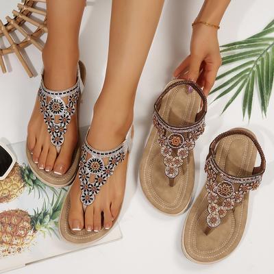 2025 Spring and Summer New European and American Flat-bottomed Pinch Rhinestones Comfortable Seaside Beach Sandals Soft Drag