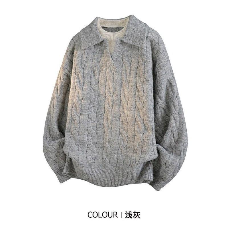Men Fake Two Piece V Neck Twisted Knit Long Sleeve Casual Polo Sweater