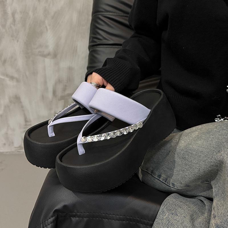 

Летние женские тапочки с кристаллами и клипсами на носке, модные туфли на платформе и танкетке, женские повседневные платья, уличные шлепанцы 35 фиолетовый