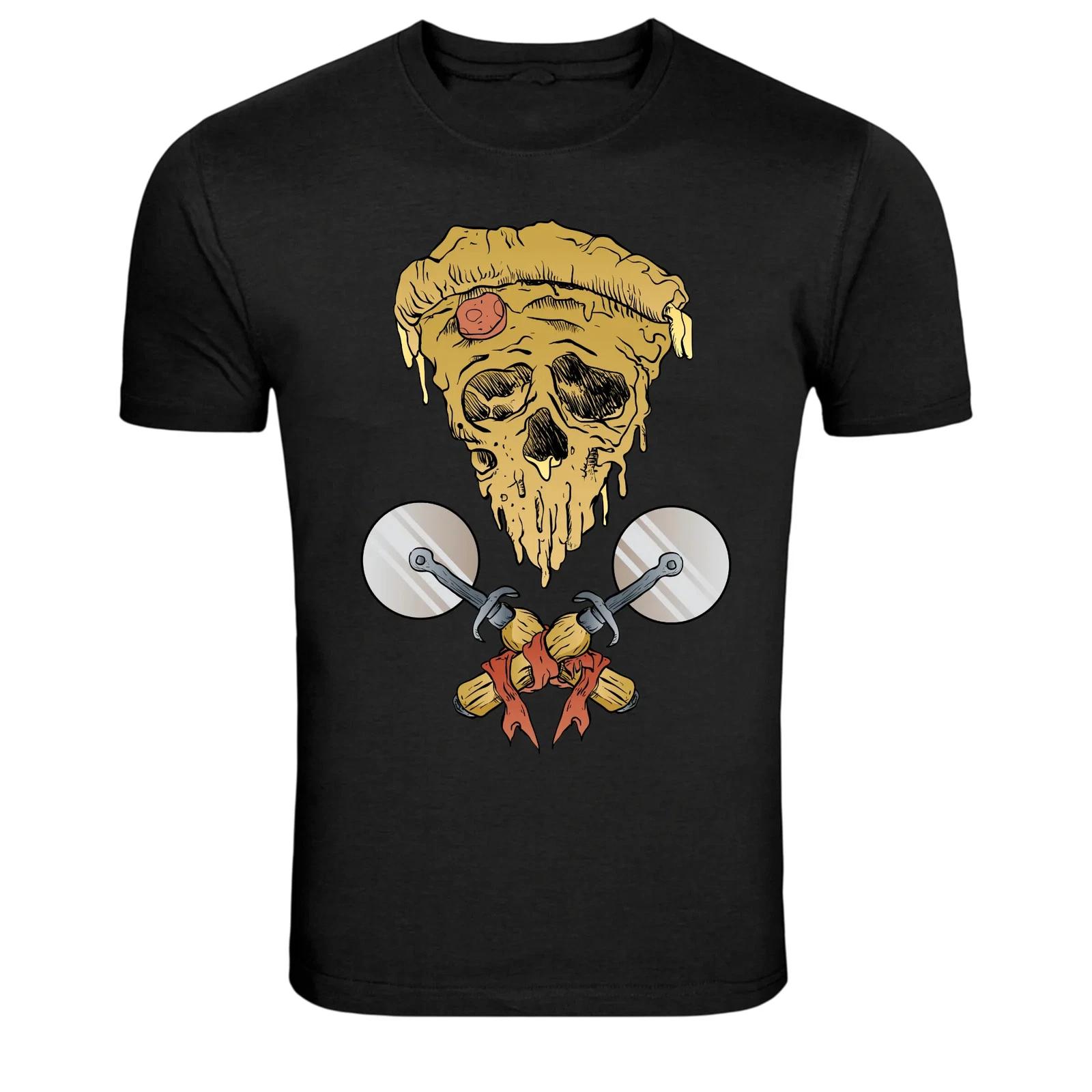 Pizza Skull Biker Motorcycle Graphic T-Shirt L