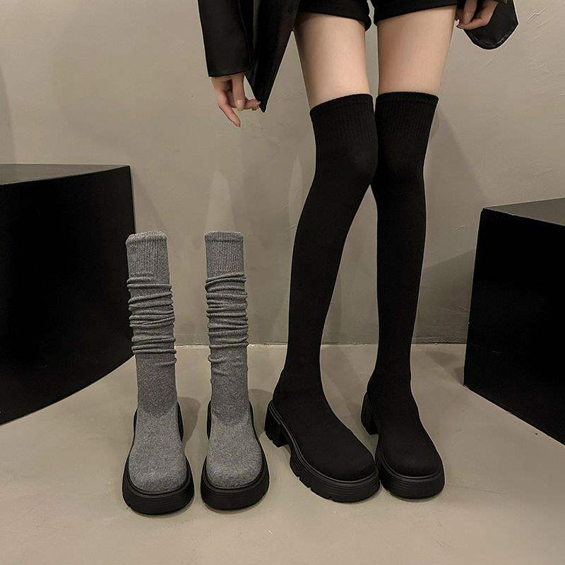 Grey Boots Women's Tall Boots Socks New Shoes Elastic Boots Socks Boots Elastic Socks Knee Knitted Boots