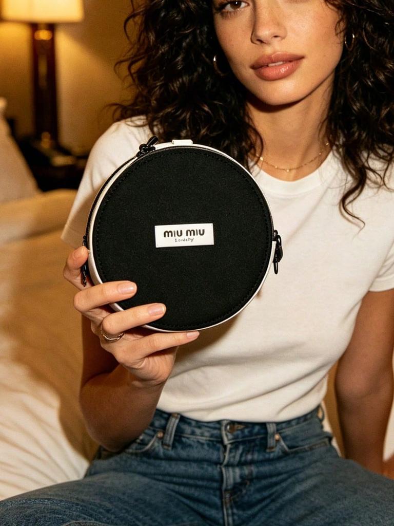 MIUMIU Round Black White Color Block Makeup Bag Label Logo Portable Travel Cosmetic Wash Bag for Women