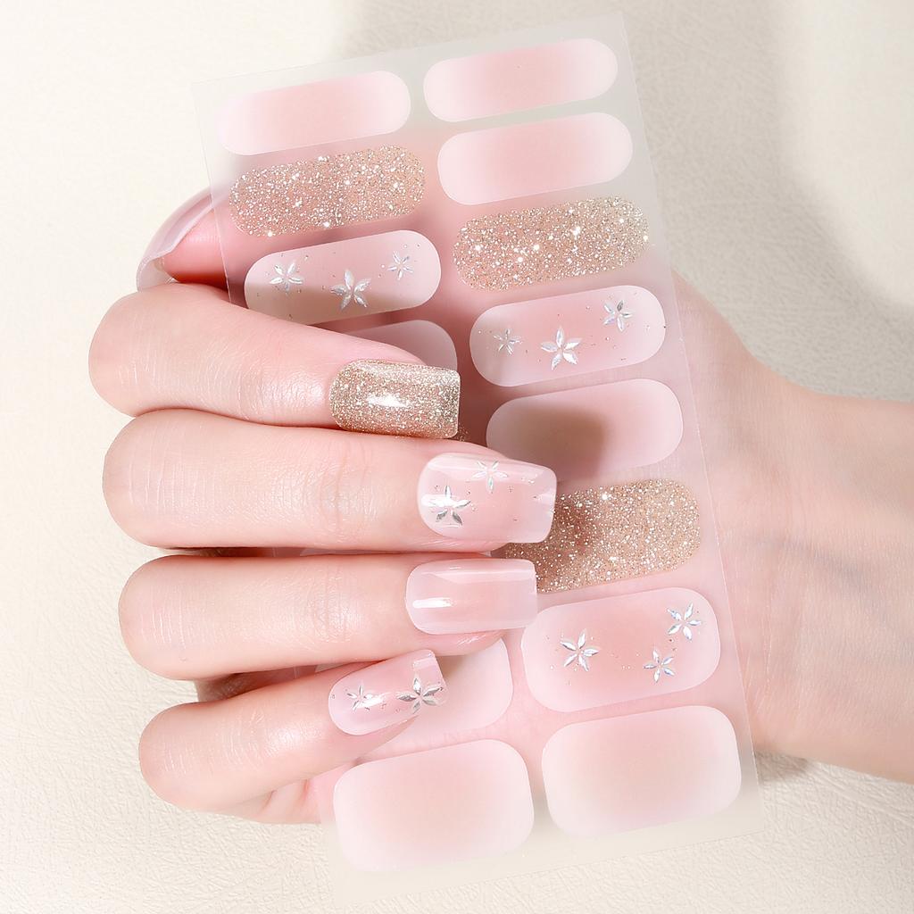 16Tips French Full Cover Nail Stickers Glitter Sequin Flowers Nail Polish Strips Sparkling Self Adhesive Manicure Decoration