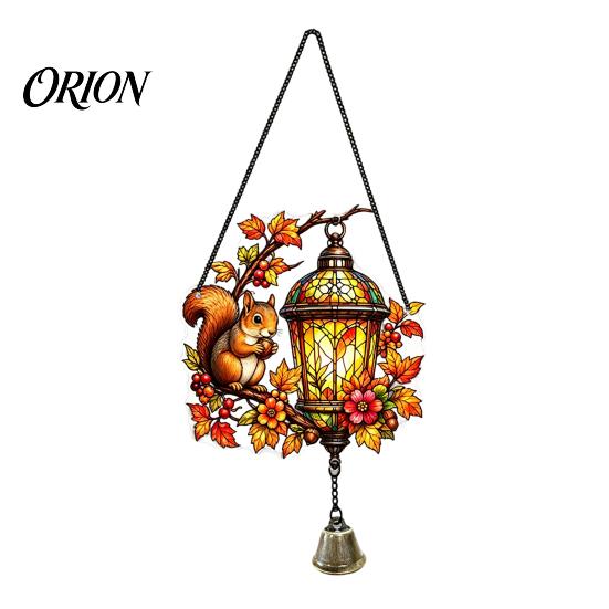 Weatherproof Hanging Decoration Vintage Lantern Bird Flower Ornament, Stained Glass Acrylic Window Squirrel Decor, Door with Bell Ornament