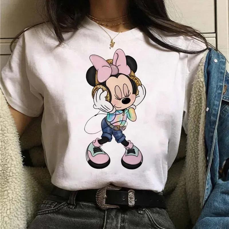 Cute T-Shirt Cartoon Tees Mickey Mouse Leopard Print Minnie Print White Short Sleeves Round Neck Tops Y2k Unisex