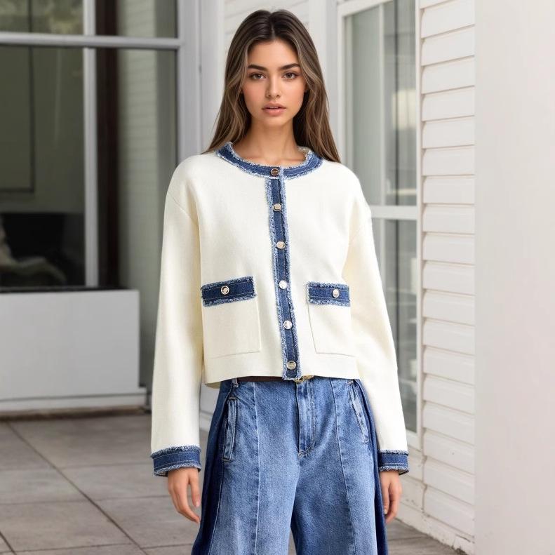 2025 European & American Furry Denim Color Block Long Sleeve Jacket