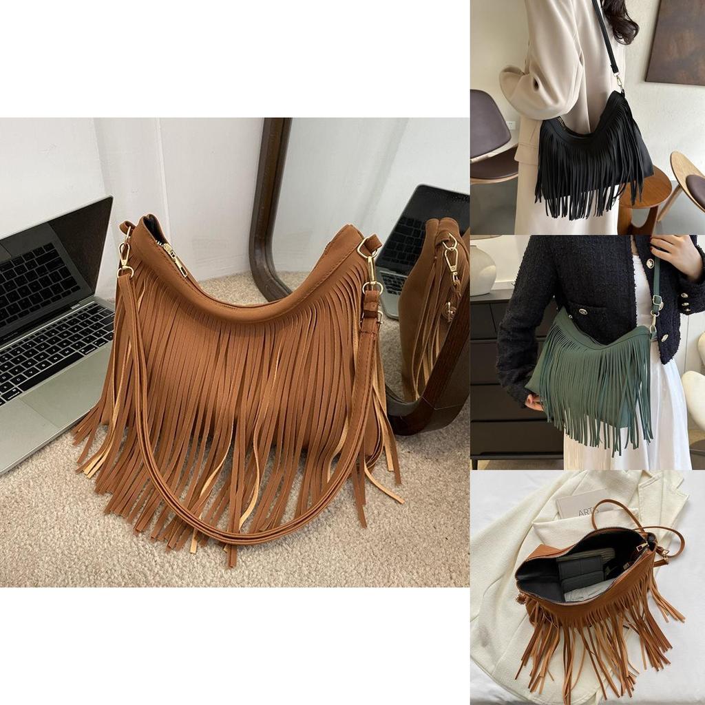 Borsa a Spalla Chic Retrò in Morbido Camoscio con alla Moda Design a Frange Perfetta per l'Autunno