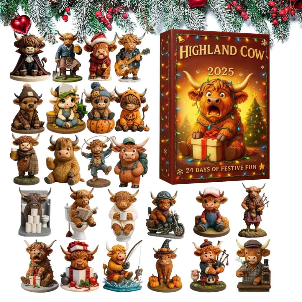 24pcs Christmas Advent Calendar 2D Acrylic Highland Cow Ornaments Christmas Tree Pendant Decorations Xmas Navidad Countdown Gift