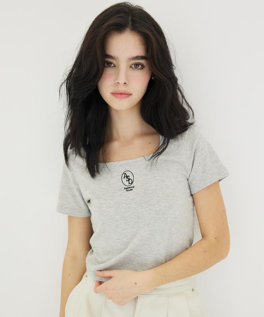 AWESOME STUDIO Square Neck Crop T-Shirt Melange Grey