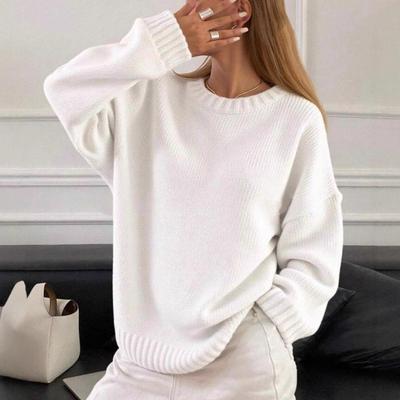 Suéter Tricotado Feminino Oversized Gola Redonda Inverno Grosso Cor Sólida Manga Longa Casual Pulôver