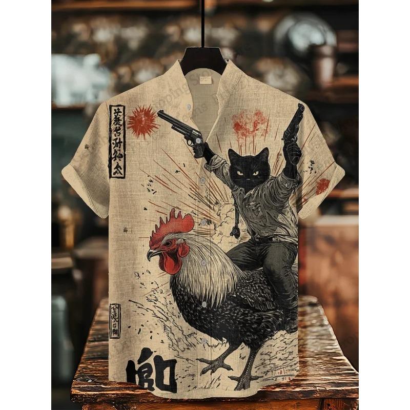 Fashion New Mens Summer Hawaiian Shirt Dinosaur Rooster Cat 3d Print Shirt Short Sleeve Casual Beach Shirts Vintage Blouse