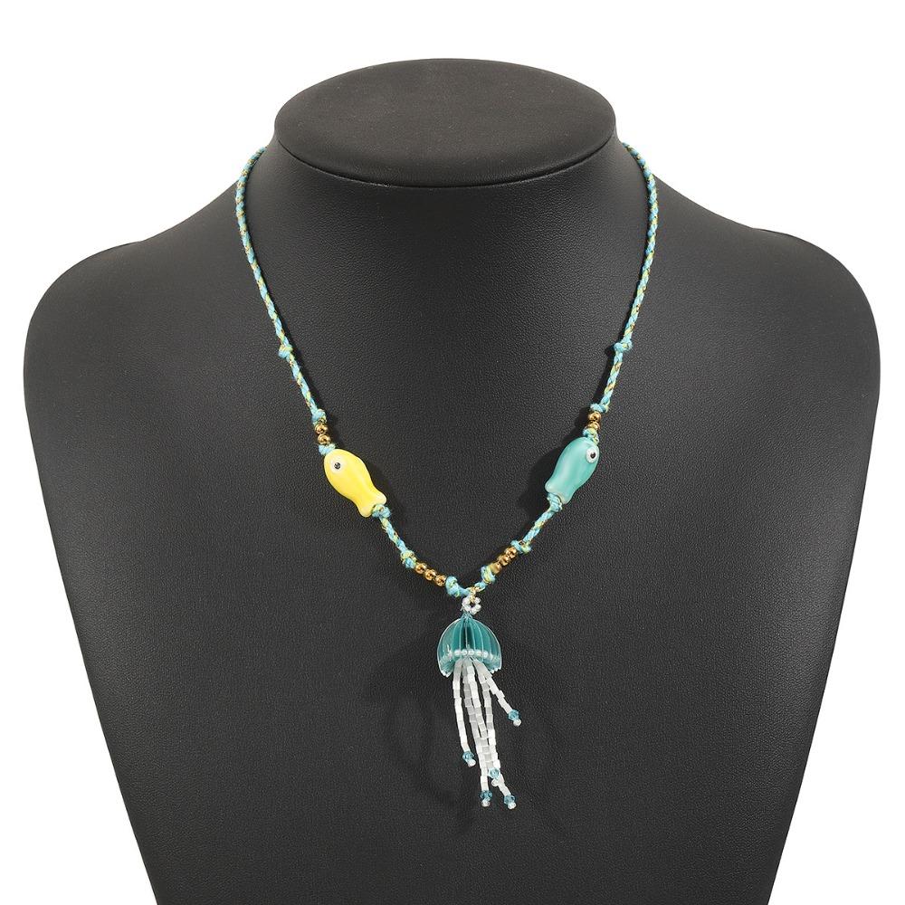 Flower Beach Ocean Series Necklace Jelly Fish Blue Bead Necklace  Girls