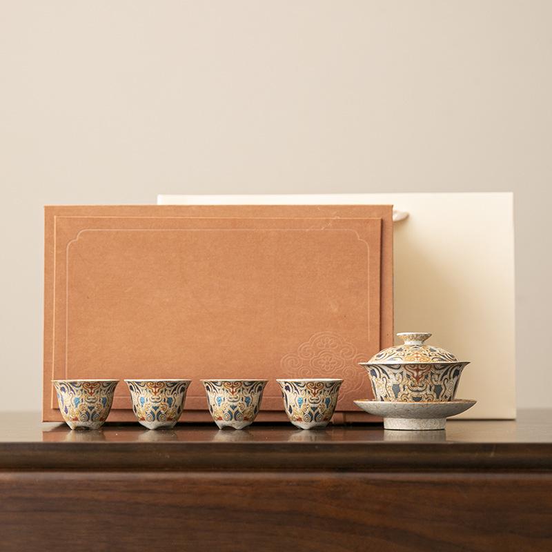 Silver-Plated Dunhuang Retro Gongfu Tea Set - Exquisite Ceramic Brewing & Drinking Utensils in Gift Box