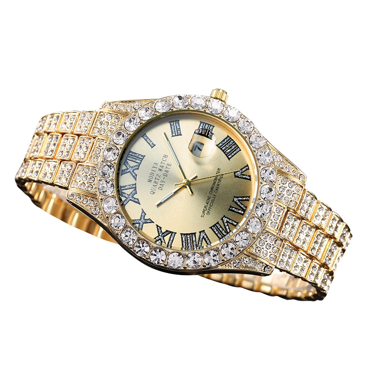 

Часы с календарем из водного бриллианта и бриллиантами, римская шкала, стальной ремешок из сплава, мужские часы One Size