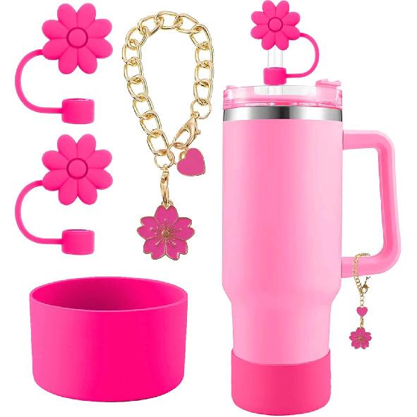 Accessories for Stanley Cup Set,2Pcs Flower Straw Cover Caps 10mm Reble Brown Straw Toppers,1Pcs Cute Handle Charm and 1Pcs Silicone Boot Sleeve for