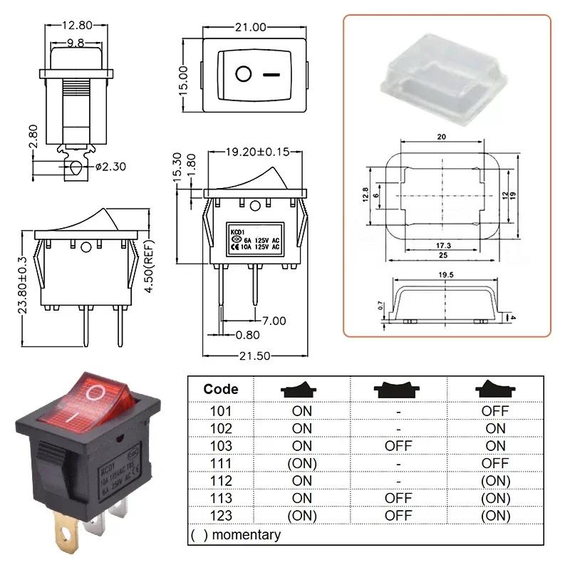 10pcs/lot KCD1 Mini 6A 250VAC Rocker Switch ON OFF SPST 12V 220V Red Green Blue Light Rocker Toggle Switch ON-ON/ON-OFF-ON