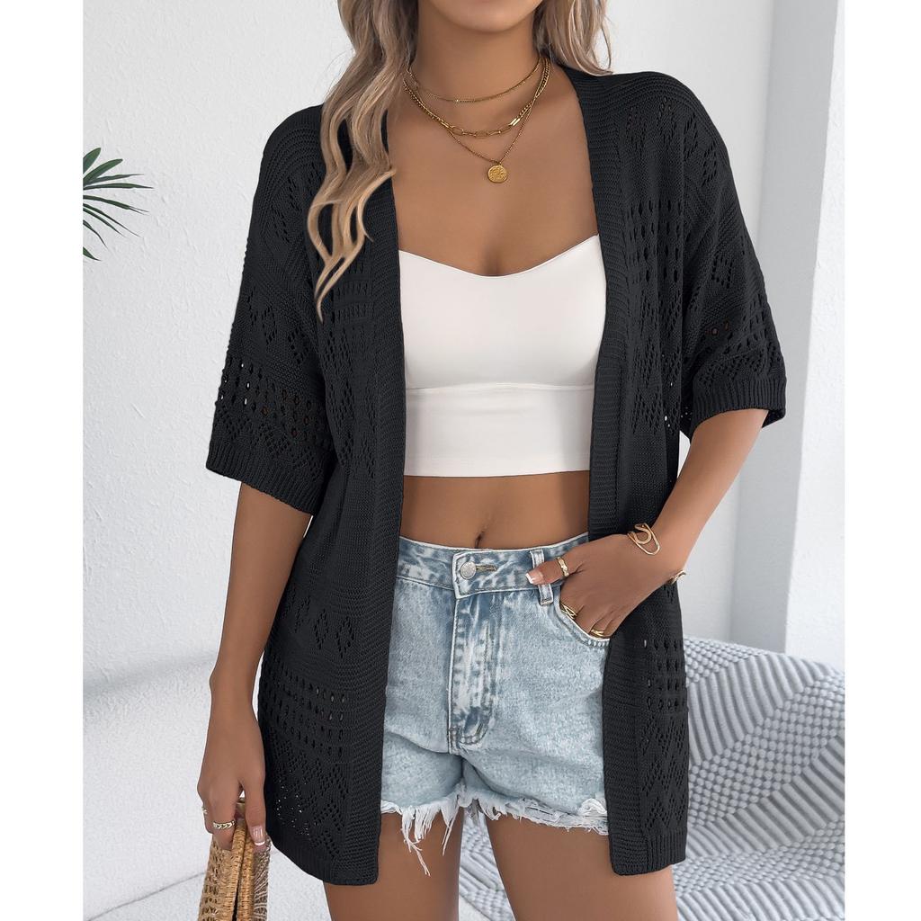 Cardigan in Maglia da Donna Casual e alla Moda, Monocolore, Lavorazione a Intreccio, Manica Media