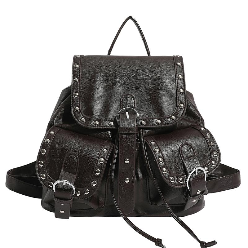 

Studded Leather Backpack Women s Fashionable Vintage Style Bag with Adjustable Straps and Multiple Pockets кавовий