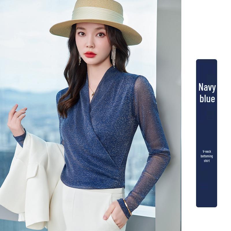 

Блузка с V-образным вырезом из люрексовой сетки с длинными рукавами - Женская приталенная модель для весны/осени S