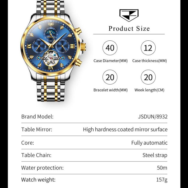 JINSHIDUN Novo Relógio Masculino de Negócios e Lazer Relógio Mecânico Multifuncional de Negócios Luminoso Tourbillon Relógio Masculino de Alta Qualidade