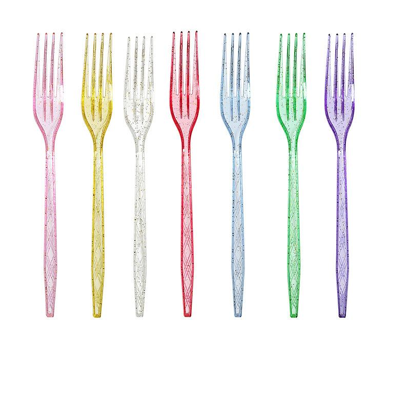 Spot Crystal Transparent Gold Powder Knife Fork Spoon Cake Dessert Disposable Tableware Birthday Party Theme Party