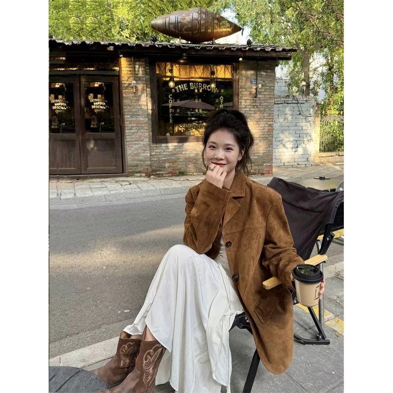 

Brown Suede Outwear Women s Suits Leather Coat Maillard Autumn New Arrival Leather Jacket Fancy Small Curry color XL