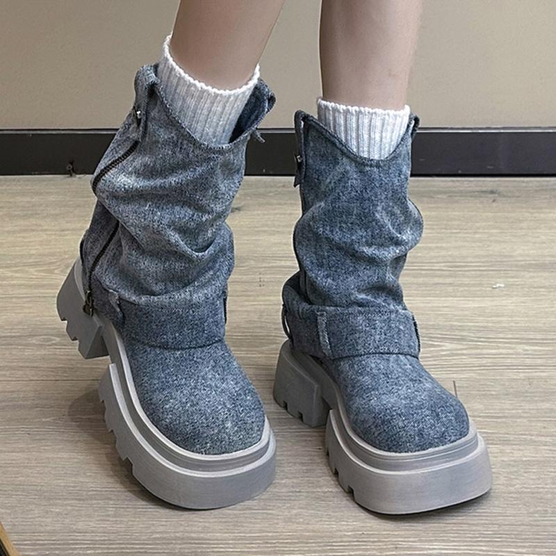 Cowboy Platform Women Snow Boots Designer Mid Heels Shoes Chunky Mid Calf Motorcycle Boots Winter 2024 Trend Goth Lady Zapatos