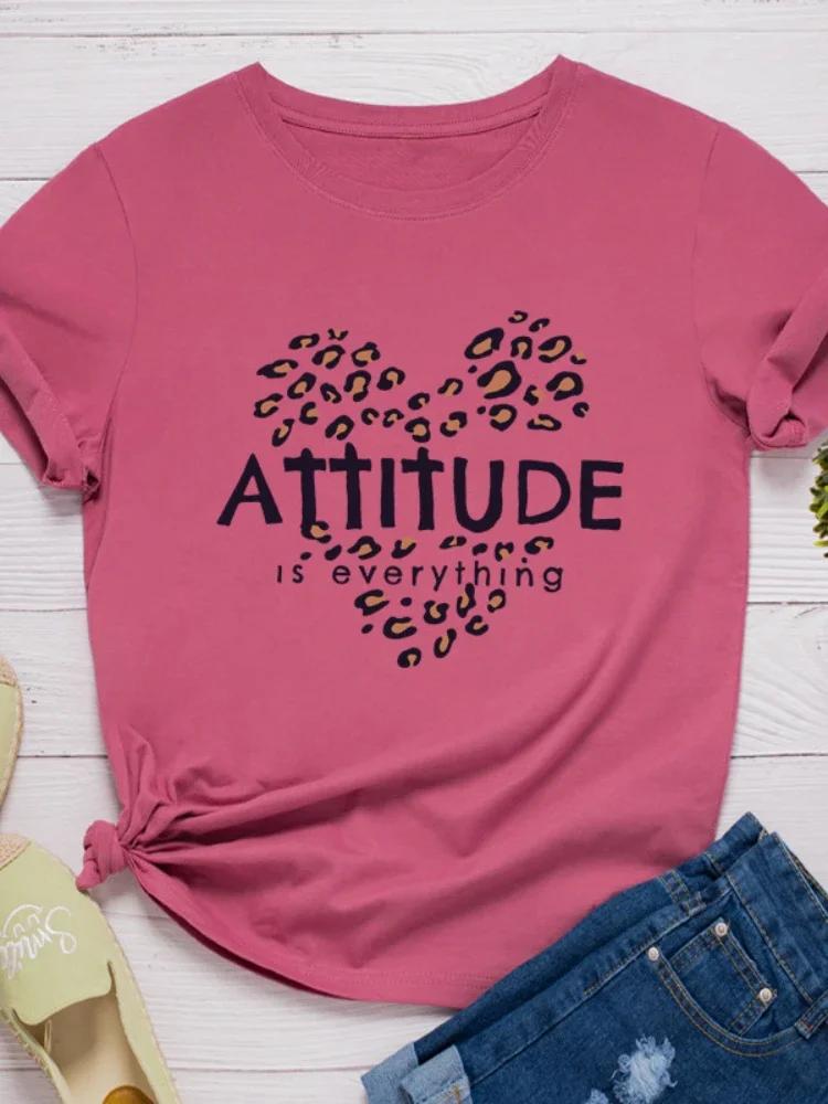 Attitude Is Everything Leopard Heart Print Women T Shirt Short Sleeve O Neck Loose Tshirt Ladies Tee Shirt Tops Camisetas Mujer