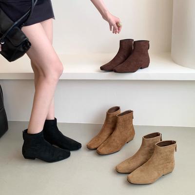 Autumn and Winter New Rear Zipper Temperament Retro Brown Suede Small Ankle Boots Round Head Square Heel Thin Boots Short Boots