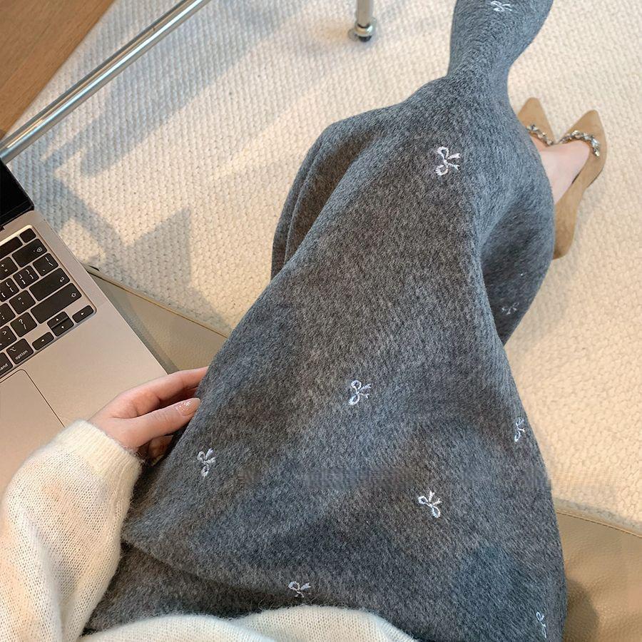 2025 New Gray Woolen A-line Skirt with Bowknot - Women s Spring/Autumn/Winter 4XL серый