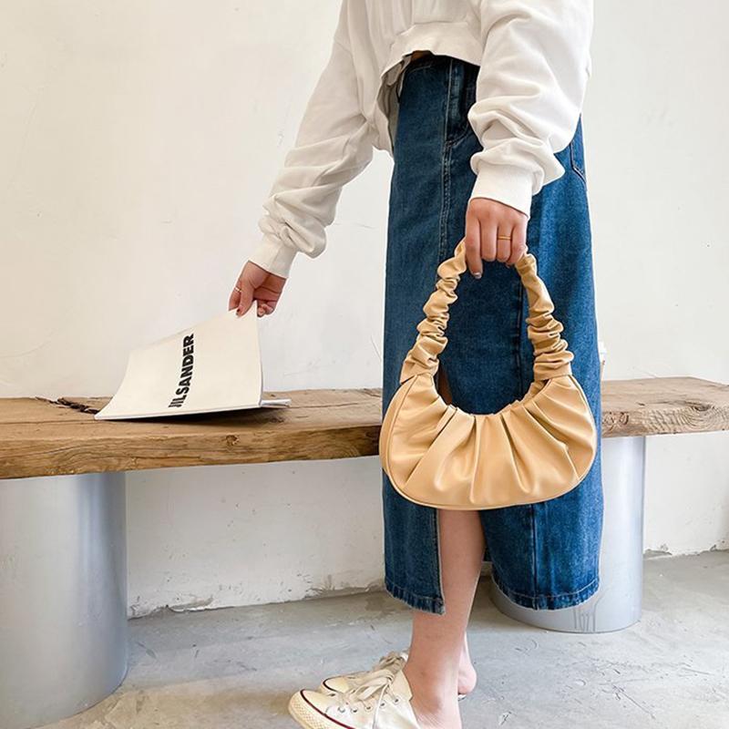 Fashion Pleated Handle Bags For Women Solid Color Cloud Bags PU Leather Shoulder Bags Armpit Bag Leisure Girls Small Tote Casual
