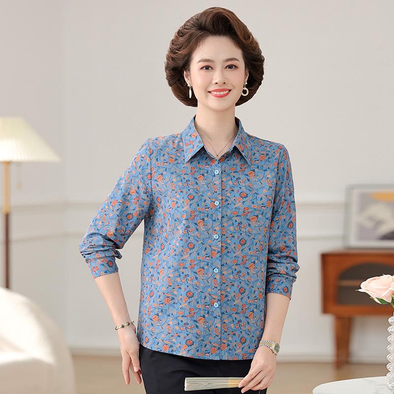 Mom's Spring Floral Long Sleeve Cotton Shirt for Middle-Aged & Elderly Women