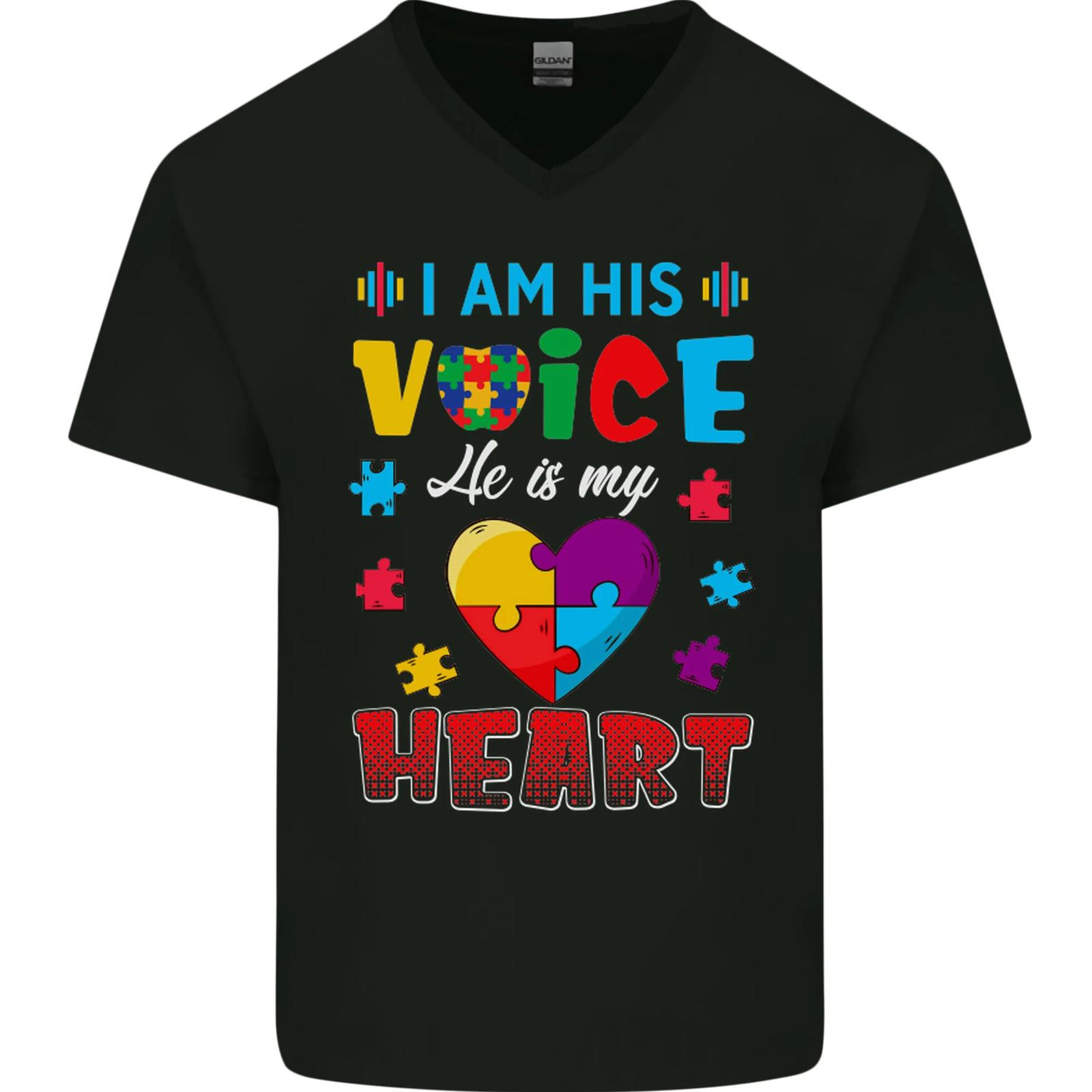 

26 I Am His Voice He My Heart Autism Autistic Mens V-Neck Cotton T-Shirt Unisex T-Shirt M