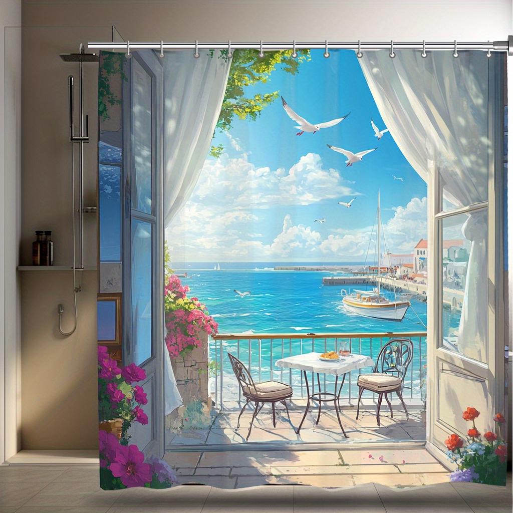1pc Waterproof Polyester Beach Wind Shower Curtain with Hooks, Stain Resistant, Machine Washable, Stylish Bathroom Decor