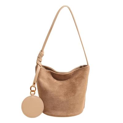 Borsa a secchiello retrò in camoscio con superficie in camoscio, di nicchia coreana, versatile, a spalla, messenger, borsa tote da donna