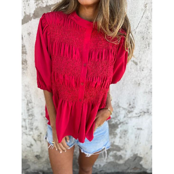 2026 Summer New Solid Color Round Neck Button Casual Fashion Short Sleeve Shirring Blouse for Women S красный