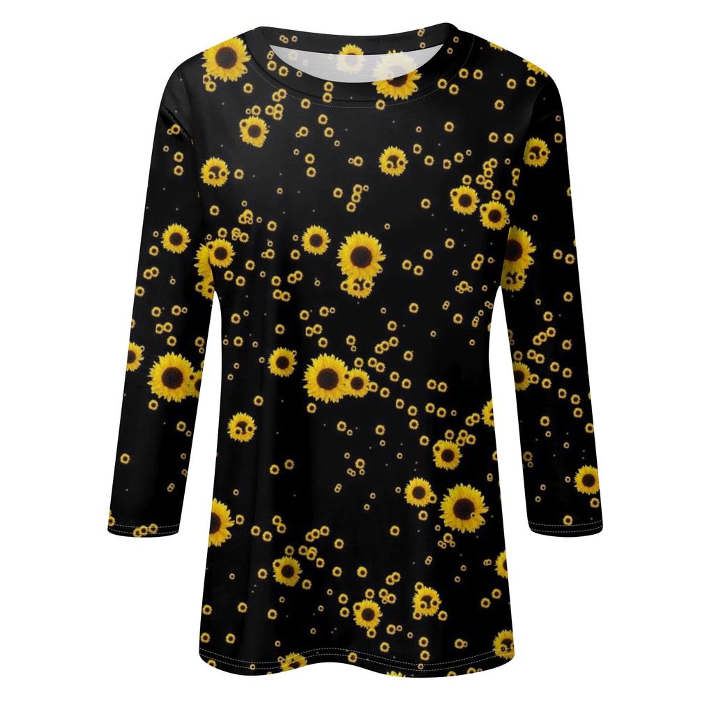 Women's Fashionable Casual Round Neck Three-Quarter Sleeve Printed T-Shirt Top