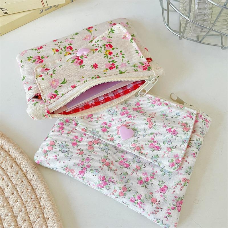 Multifunctional Document Card Bag Key Coin Purse for Women Cartoon Floral Bow Print Coin Purse Cute Storage Bag Purse